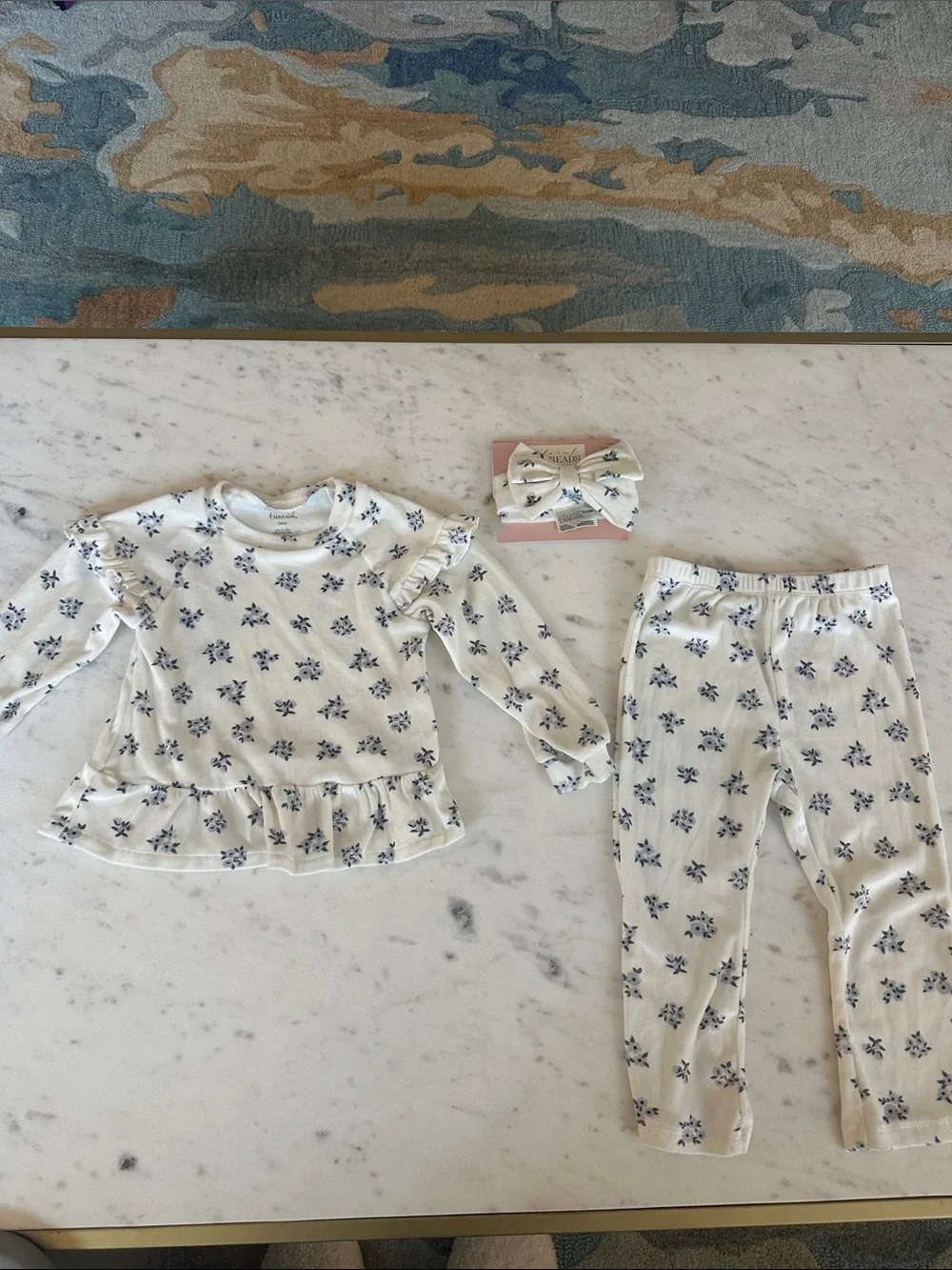 Floral threads Cream and Blue Floral Ruffle Pajama Set with bow. Can be outfit